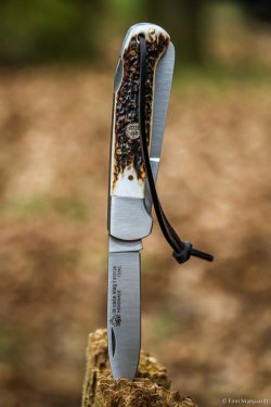 PUMA IP la caza stag I Jagdtaschenmesser Das jagdliche Klappmesser PUMA IP la caza stag I steckt mit der scharfen Klinge in einem Stück Holz.