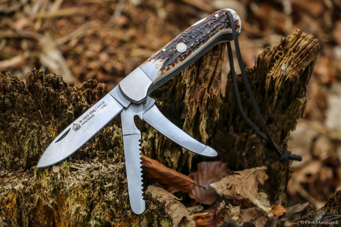 PUMA IP la caza stag I Jagdtaschenmesser Aufgeklapptes PUMA IP la caza stag I, um die Droppoint-Universalklinge, die Aufbrechklinge und die Knochensäge zur Schau zu stellen.