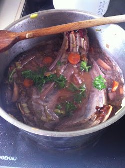 Weihnachtliches Jagdrezept Alle Gewürze und Zutaten werden mit den Rehrippen in einem Topf gekocht und mit Rotwein abgelöscht.
