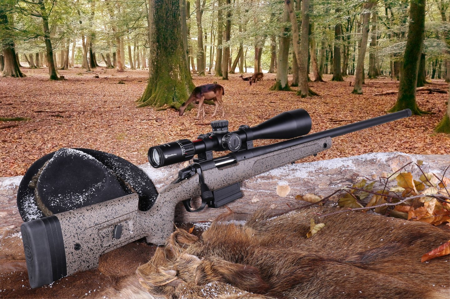 Bergara B14 HMR in .308 Win. im Praxis-Test Bergara B14 HMR auf einem Baumstamm im Wald