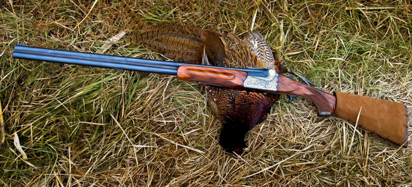 Knopfabzugsgewehr: eine spezielle Bockdoppelflinte für die Jagd Bockdoppelflinte Knopfabzugsgewehr von E.R. Martin mit erlegtem Fasan