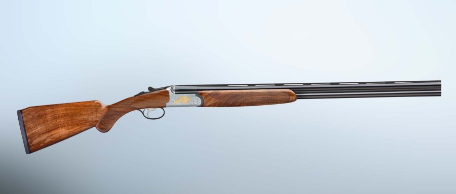 Für 2021 neu von Fausti Arms: Eine Bockflinte für die Jägerin und eine für den Wurfscheibensport Die Fausti Class Aphrodite-Bockflinte von rechts.