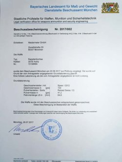 .30-30 Ackley Improved: Patrone, Ladung und Waffenumbau Beschussbescheinigung des Bayerischen Landesamts für Maß und Gewicht, Dienststelle Beschussamt München für Repetierbüchse in .30-30 Ackley Improved
