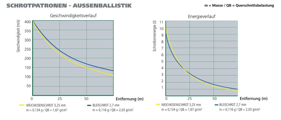 Aus Schweizer Perspektive: Bleifrei – eine Frage der Vernunft? Kurve für Energie und Geschwindigkeit von Schrot.