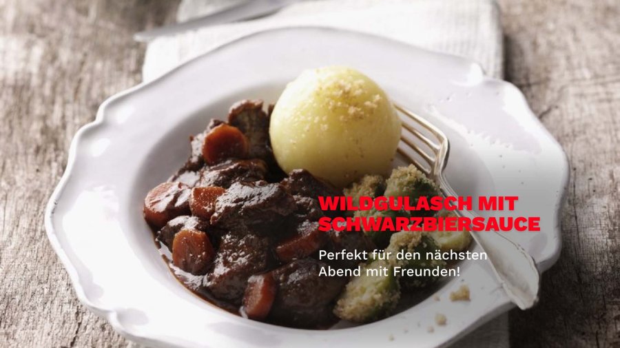 GECO Hunting Stories: Geschichten aus dem Revier und Hintergründe zur Marke Wildgulasch mit Schwarzbiersauce auf einem Teller.