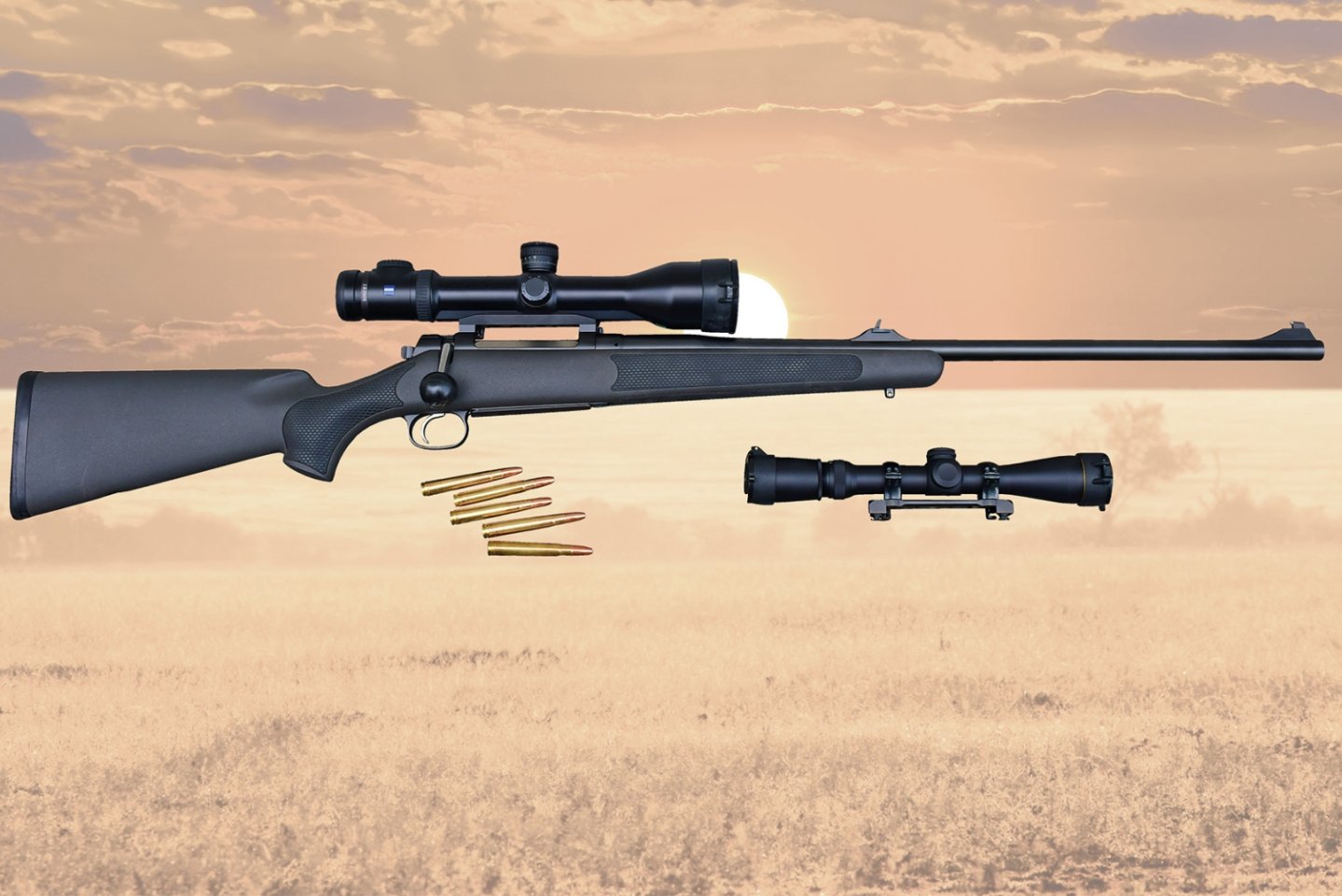 Patronen für die Großwildjagd Teil 1: Kaliber .375 Holland & Holland Magnum – Britischer Klassiker Mauser M03 in .375 H&H Mag. vor einem Sonnenuntergang in Afrika.