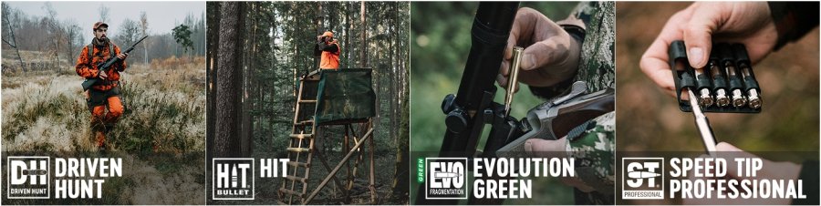 Munitionshersteller RWS mit Cashback-Aktion für Jungjäger – Übersicht mit allen Fakten Collage mit den Munitionssorten DRIVEN HUNT, HIT, EVOLUTION GREEN und SPEED TIP PROFESSIONAL.