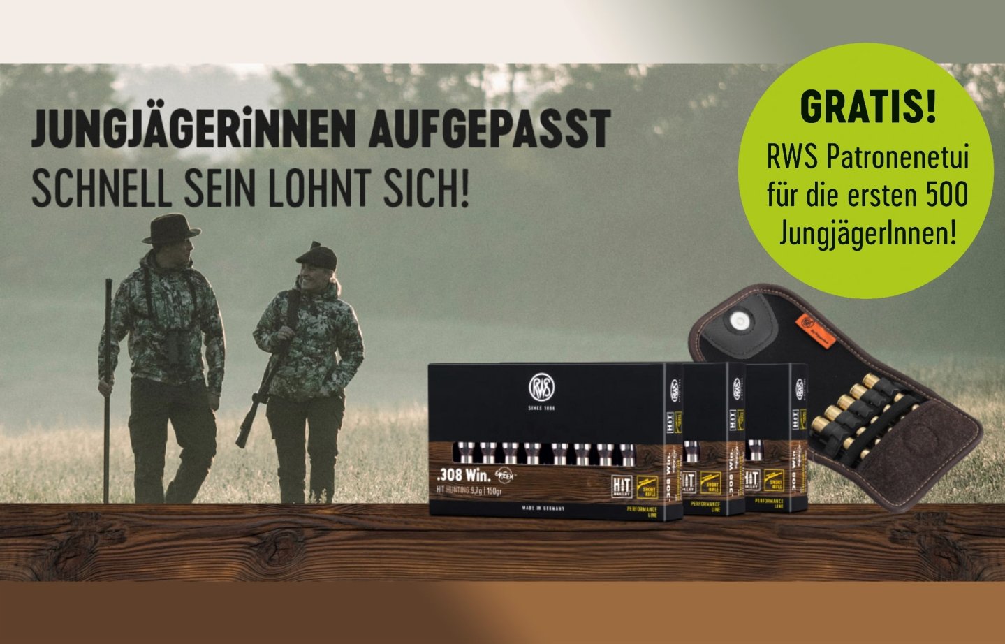 RWS Jungjägeraktion – Patronenetui gratis für den Kauf von 60 Patronen RWS Jagdmunition Banner zur RWS Jungjaegeraktion fuer gratis Patronenetui mit zwei Jaegern im Nebel und munitionspackungen