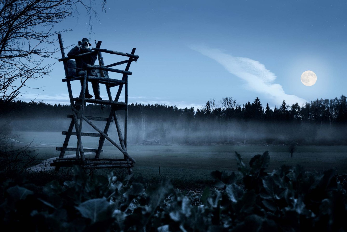 Steiner Nighthunter 8x56: ideales Nachtglas für die Schwarzwildjagd Jäger im Mondschein auf Hochsitz mit seinem Steiner Nighthunter 8x56