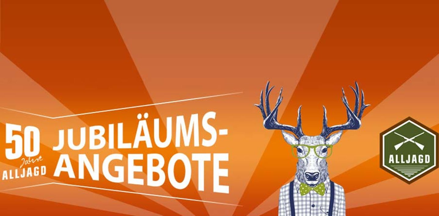 ALLJAGD Geburtstag Jubiläum Symbolbild zum 50-jährigen Jubiläum von ALLJAGD mit Logo und antropomorphem Wild in kariertem Hemd und Brille