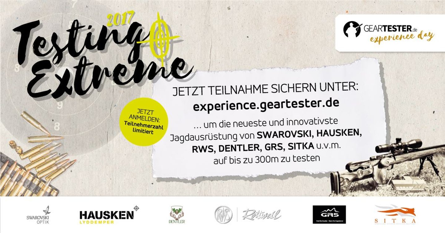 GearTester Experience Day 2017: Jagdprodukte erleben und testen Flyer GearTester Experience Day 2017 mit den Marken HAUSKEN, RWS und Swarovski Optik