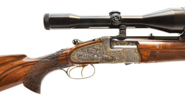 23. Klassische Auktion bei Joh. Springer's Erben Bockdoppelbüchse-Seitenschloss J. Just mit jagdlichen Gravuren