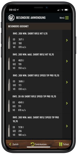 Der neue mobile RWS Munitionsberater für jede Jagdsituation auf Ihrem Smartgerät Auswahl der Short Rifle Patronen im RWS Munitionsberater fuer "Besondere Anwendung" auf einem Smartphone iPhone X