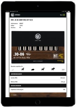Der neue mobile RWS Munitionsberater für jede Jagdsituation auf Ihrem Smartgerät Uebersichtsseite einer Short Rifle Patrone im RWS Munitionsberater fuer Details auf einem Tablet iPad