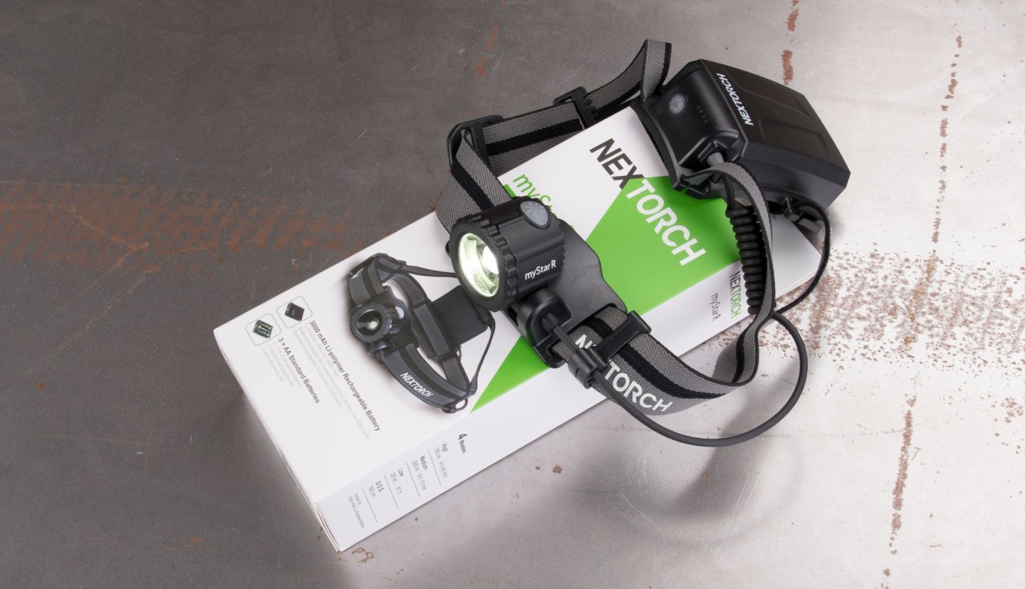 Nextorch myStar R – Die ergonomische Kopflampe und ihre technischen Finessen vorgestellt Nextorch myStar R Kopflampe in der Gesamtansicht auf der Verpackung.