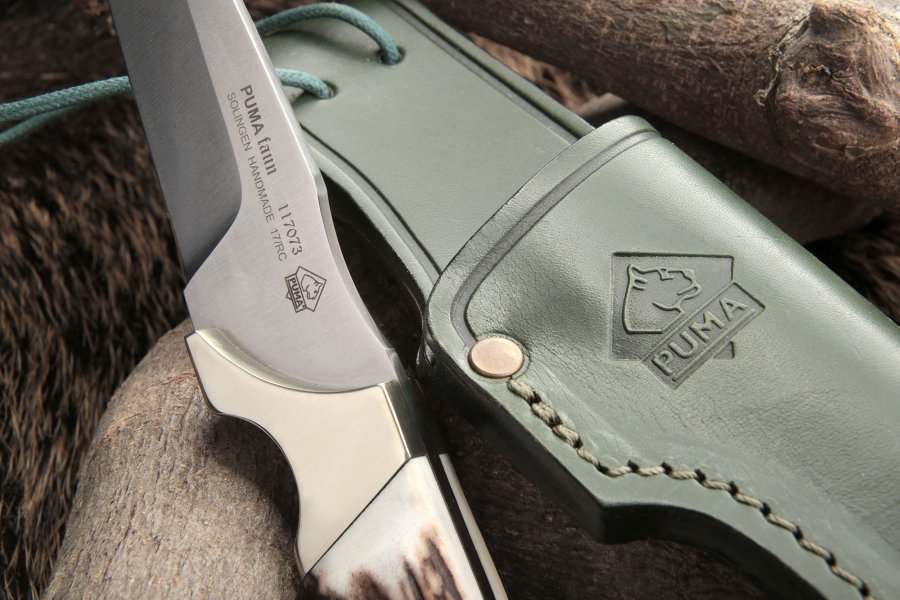 PUMA faun und faun stag: Jagd- und Freizeitmesser aus Solingen PUMA faun stag Jagdmesser mit Backen aus Neusilber und praktischer Lederscheide