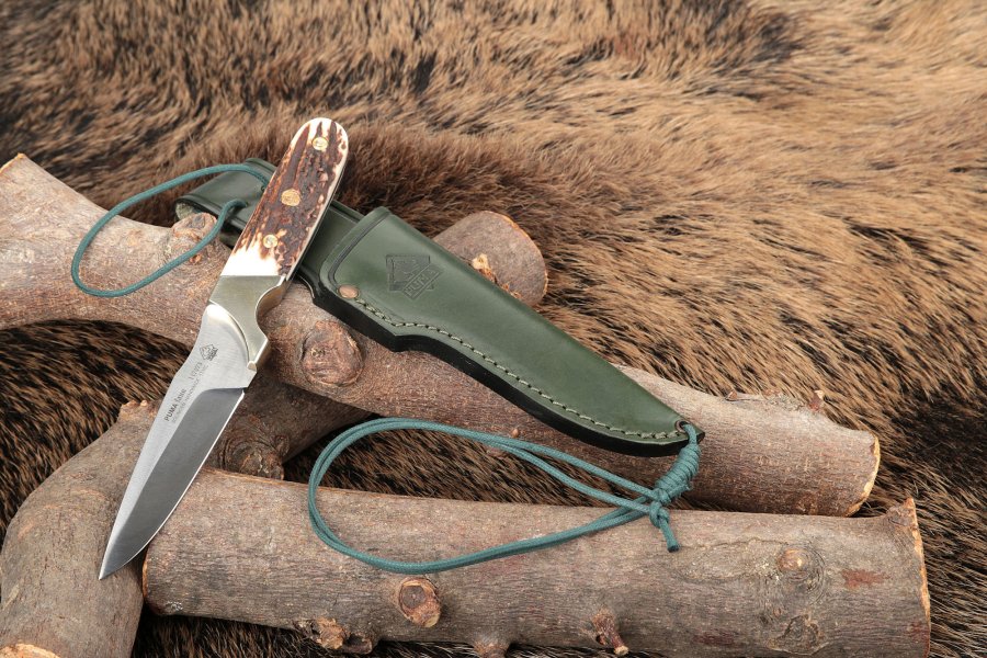 PUMA faun und faun stag: Jagd- und Freizeitmesser aus Solingen Hochwertiges Jagdmesser PUMA faun stag mit Backen aus Neusilber, Beschalung aus Hirschhorn und Lederscheide
