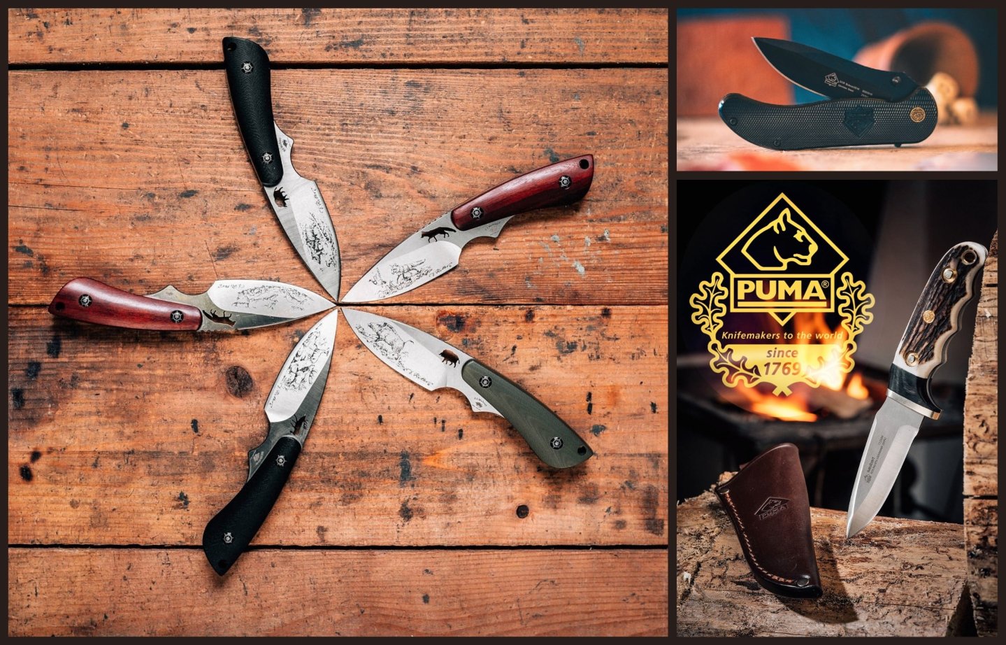 PUMA-Messer: IP Wild Edition, bobcat3516 und saubart für Jagd und Alltag – eine Auswahl aus der interaktiven PUMA-Broschüre PUMA knives ip wild edition sgb bobcat saubart messer collage