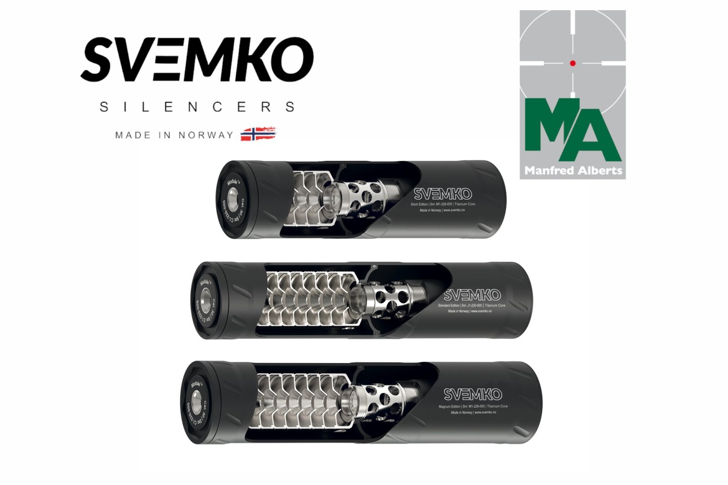 Schalldämpfer von SVEMKO: Die modularen SDs aus Norwegen nun auch in Deutschland verfügbar  Drei Schalldämpfer von SVEMKO, mit den Logos des Herstellers und von Manfred Alberts.