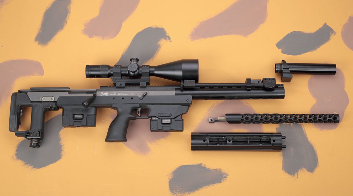 Die DSR 1 Subsonic mit abmontierten und teilzerlegtem Schalldämpfer.