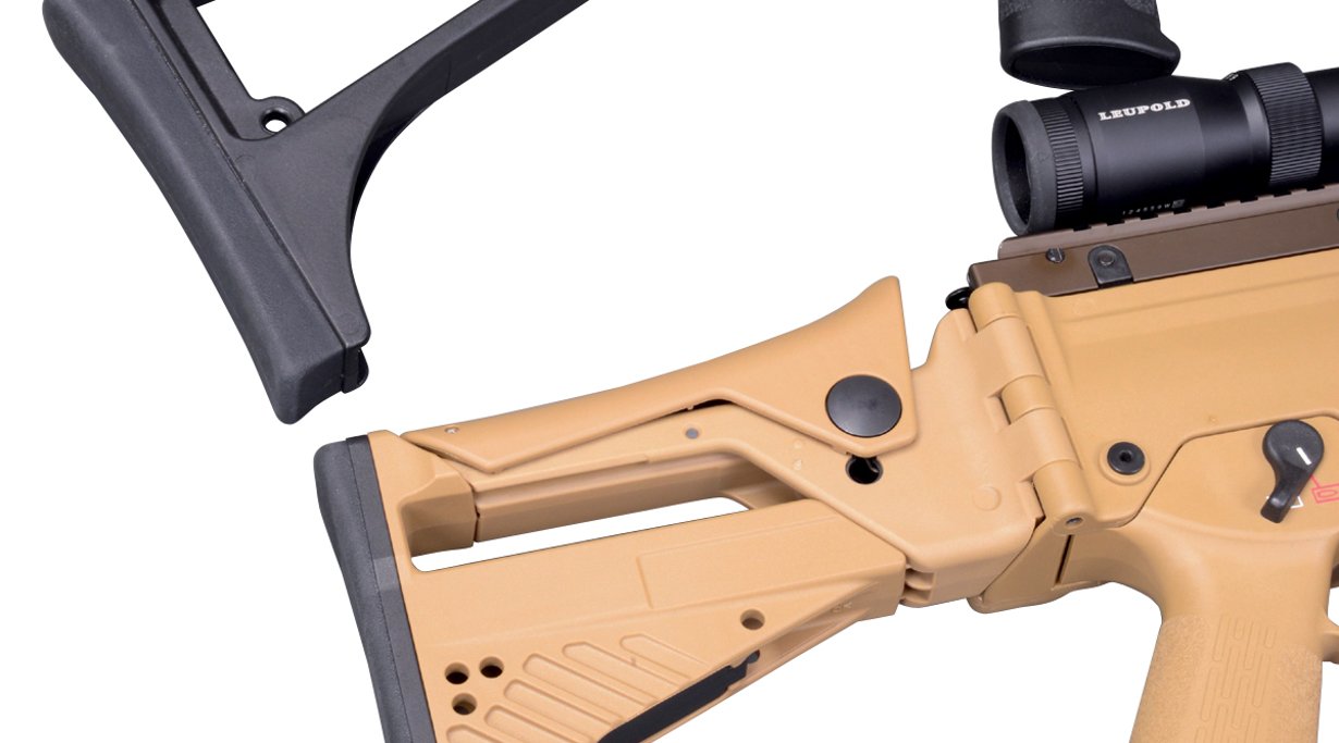 Die Klappschulterstützen des HK 243 SAR (oben) und TAR (unten)