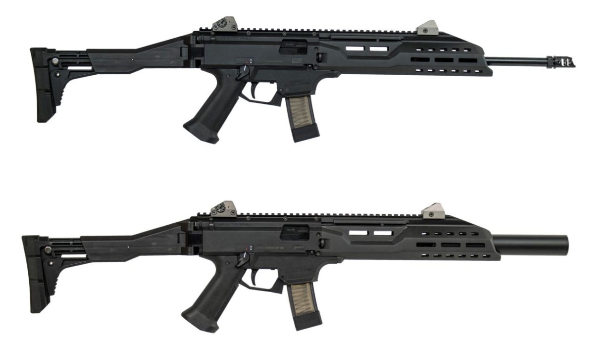 Der CZ Scorpion EVO3 Karabiner mit Mündungsbremse/ Schalldämpfer-Attrappe