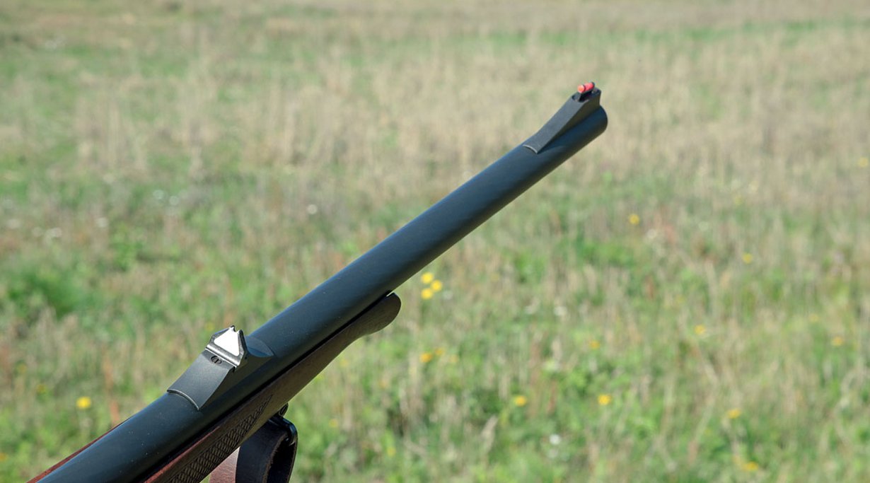 Das Drückjagdvisier: Eine mit weißem Kontrast-Dreieck unterlegte U-Kimme und ein rotes Lichtsammler-Korn auf dem Lauf.