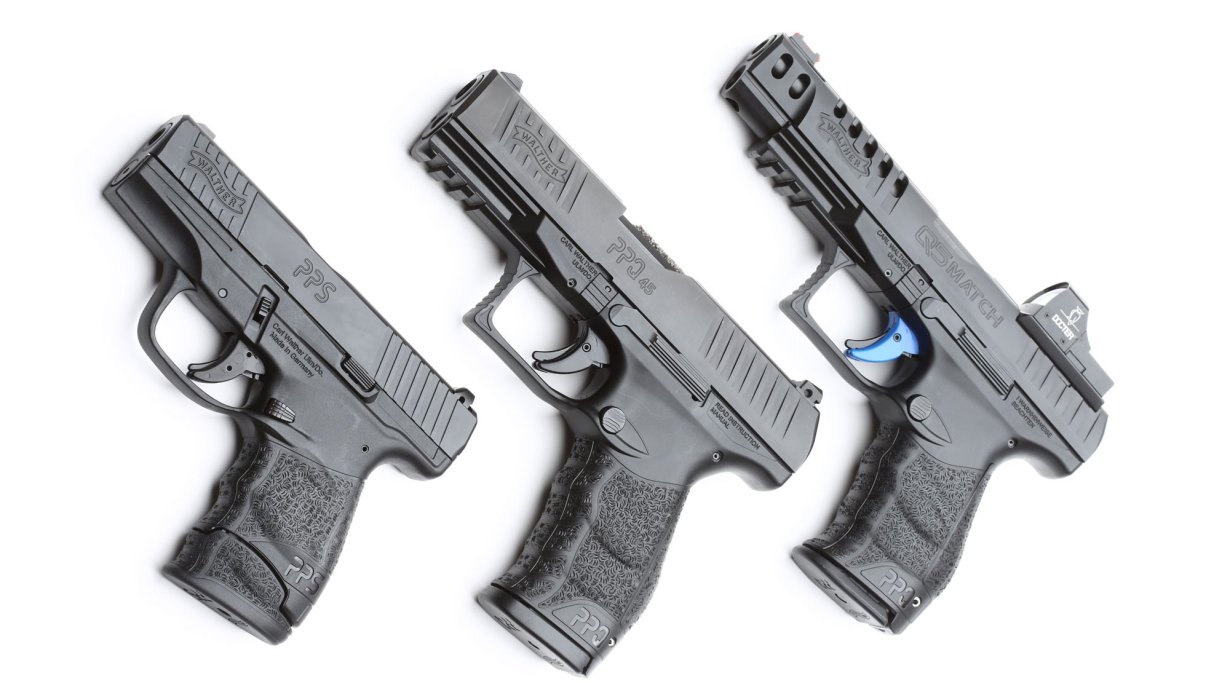 WALTHER PPS M2, Q5 Match und PPQ M2 Pistolen nebeneinander