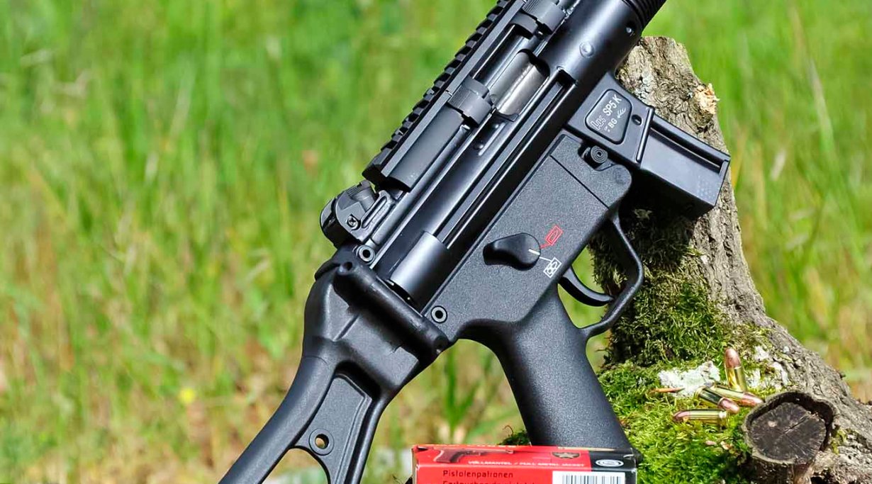 Right side of the Heckler & Koch SP5K semi-automatic pistol, with stock unfolded