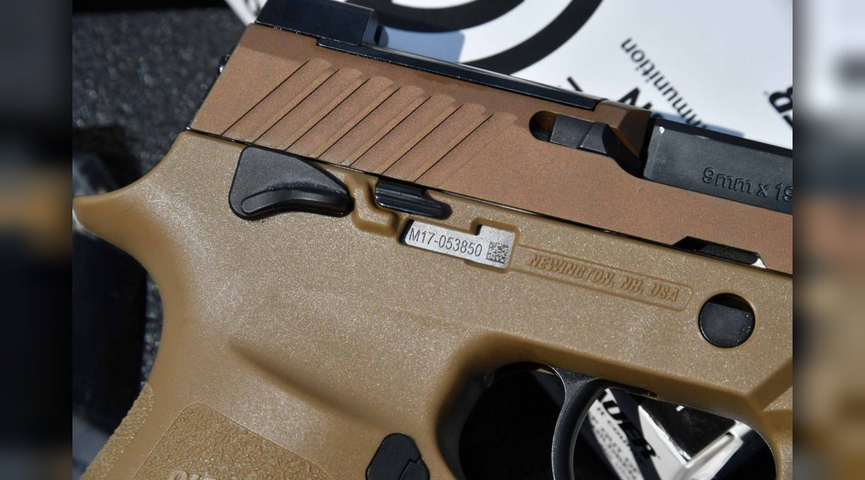 Detailaufnahme der Seriennummer im kleinen Fenster des Polymerrahmens der SIG Sauer P320-M17
