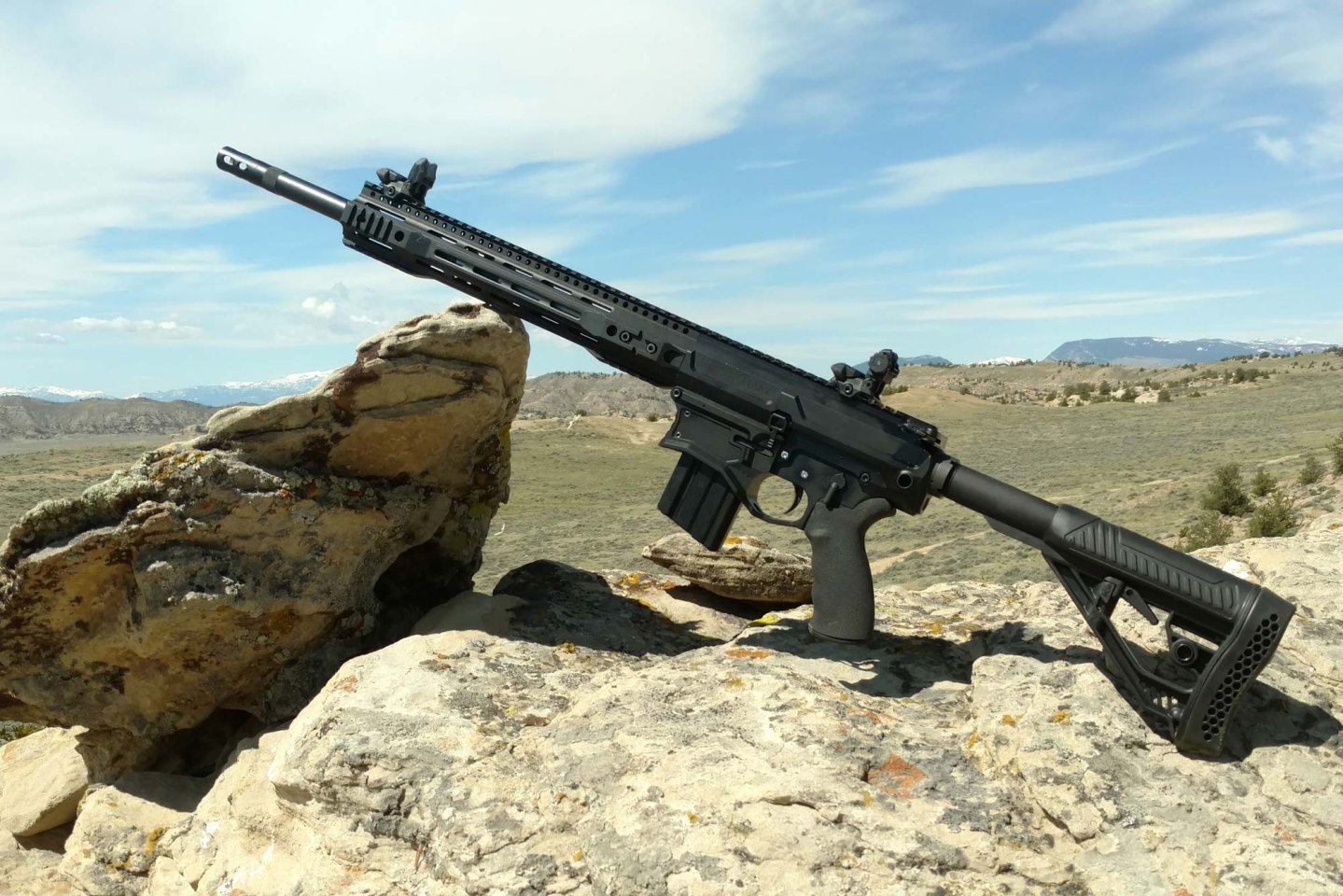 Big Horn Armory AR500: Selbstladegewehr in .500 Auto Max Das Selbstladegewehr Big Horn Armory AR500 im Kaliber .500 Auto Max in der Seitenansicht von inks.