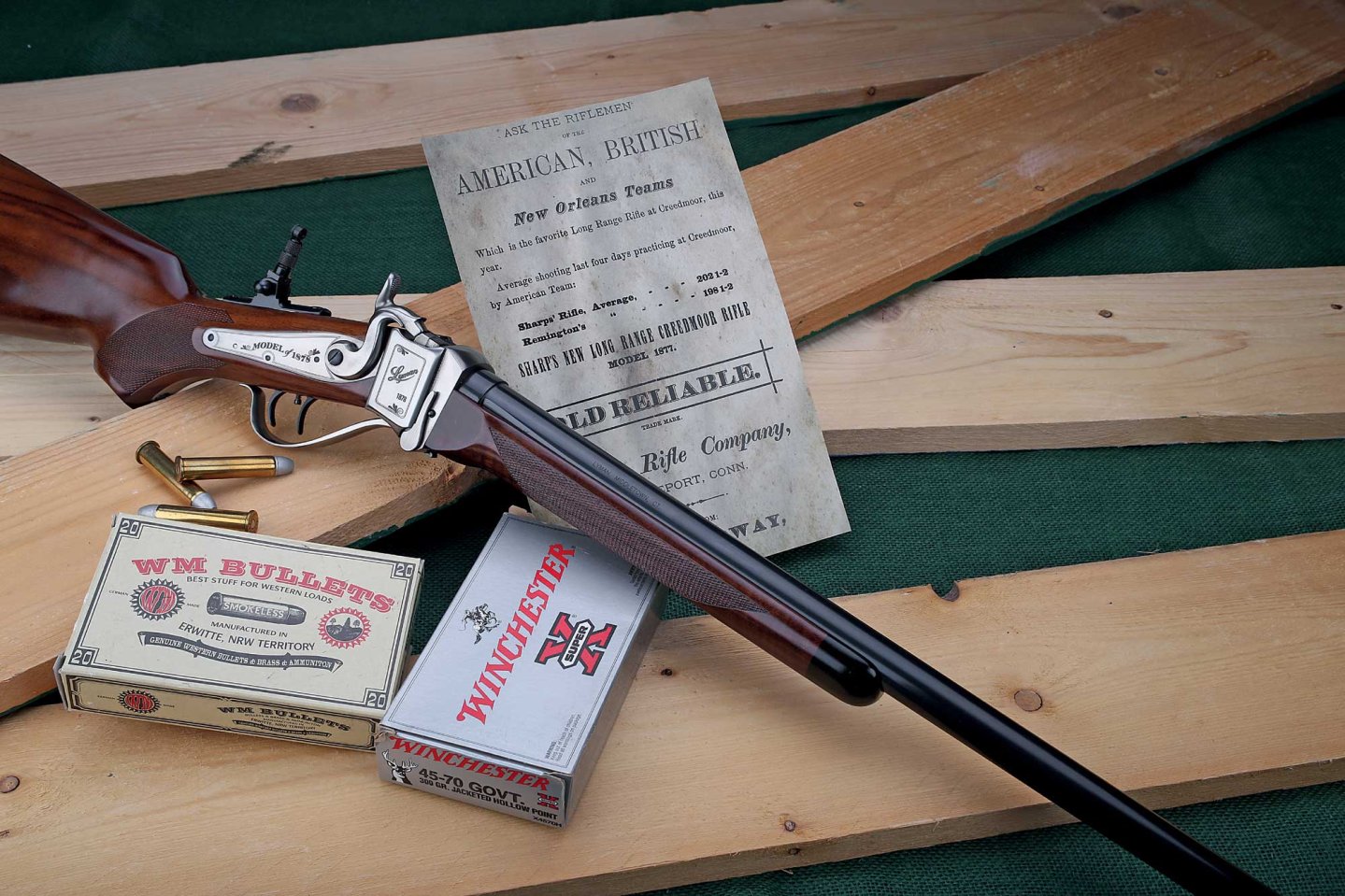 Pedersoli-Lyman Model of 1878 Replika-Büchse mit historischer Werbung und Munition