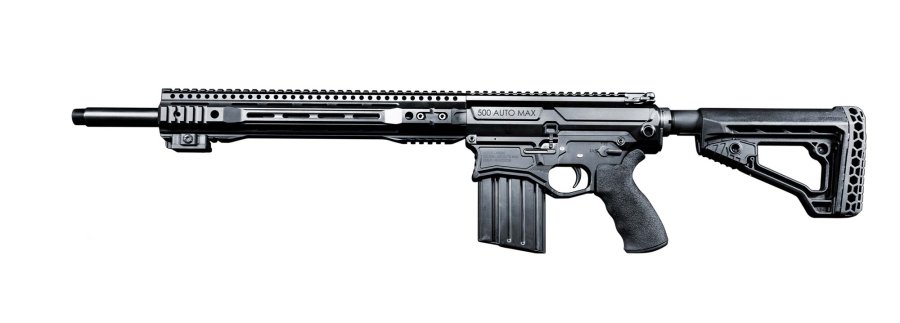 Big Horn Armory AR500: Selbstladegewehr in .500 Auto Max Big Horn Armory AR500 Selbstladegewehr in .500 Auto Max linke Seite auf weißen Hintergrund.