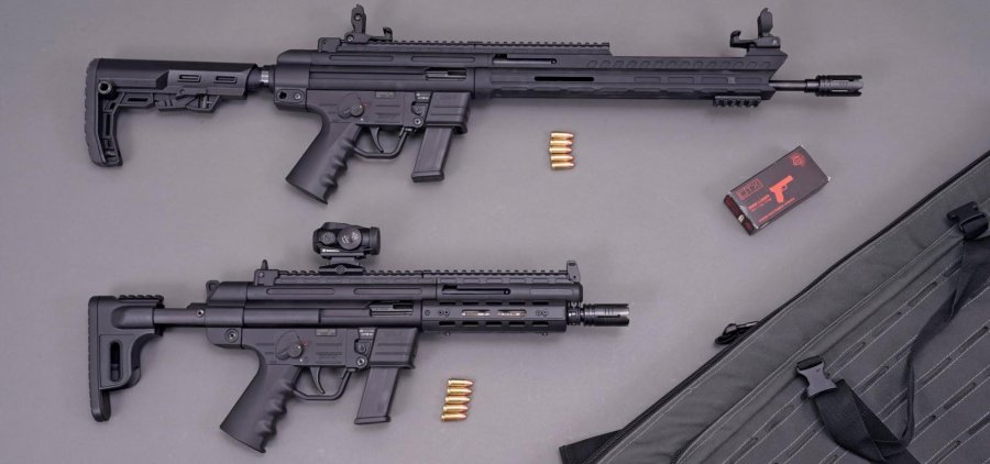 German Sport Guns GSG-9: Die Modelle Sport und Rifle im ausführlichen Test GSG-9 Sport-Karabiner mit 16,6“/422 mm langem Lauf und geschlossenem Handschutz (oben) und die GSG-9 Rifle-Ausführung mit blockierter Schulterstütze und 7,5“/190,5-mm-Lauf (unten).