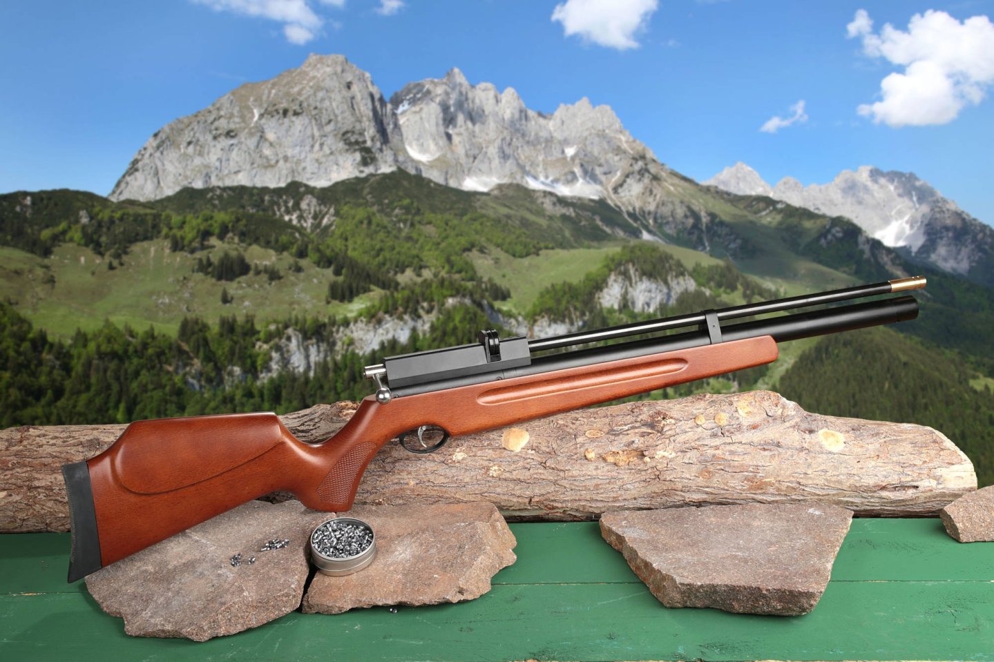 GSG M11 in rechter Seitenansicht auf Baumstämmen vor Bergpanorama