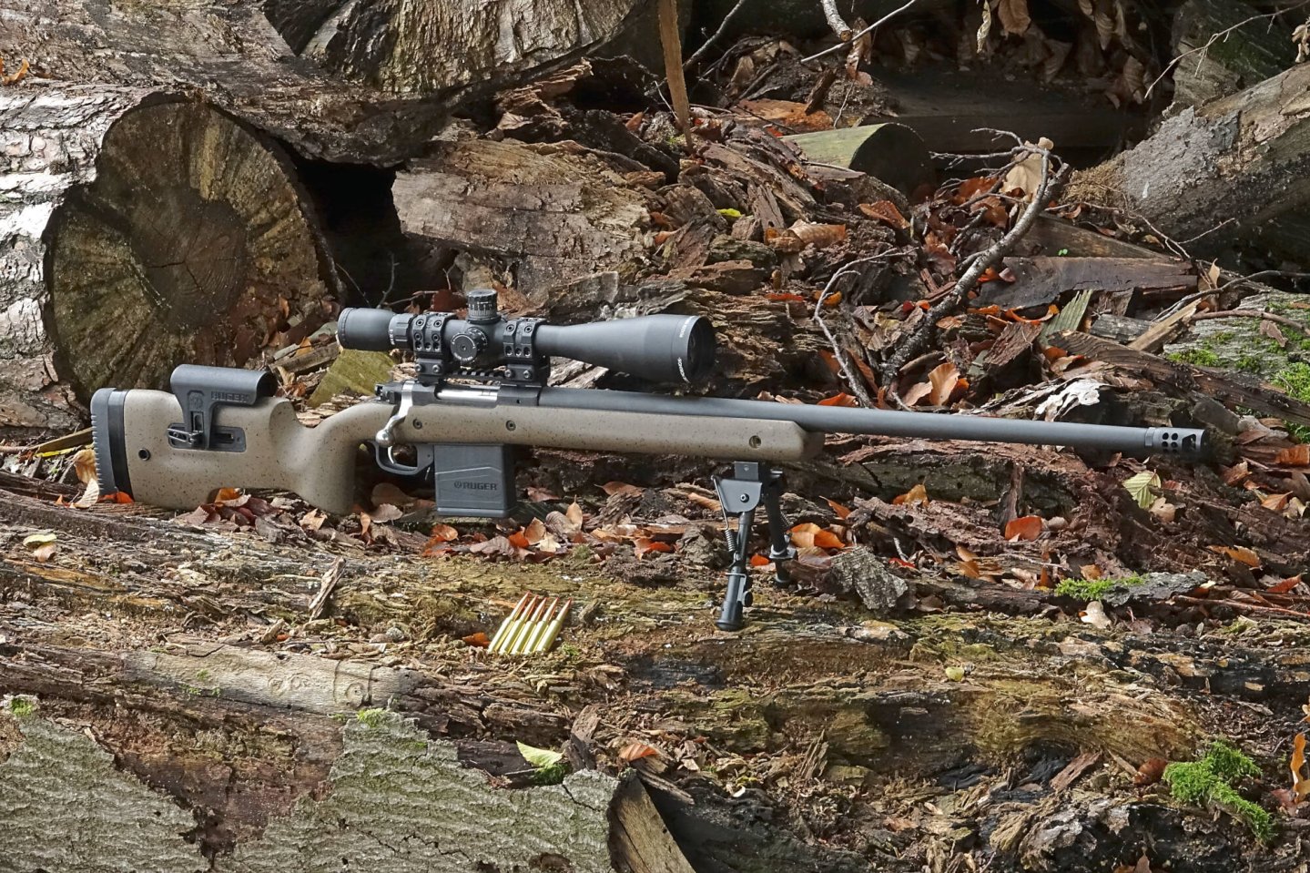 Ruger M77 Hawkeye LRT Long-Range Repetiergewehr mit montiertem Sightron Zielfernrohr im Wald aufgestellt in der Seitenansicht