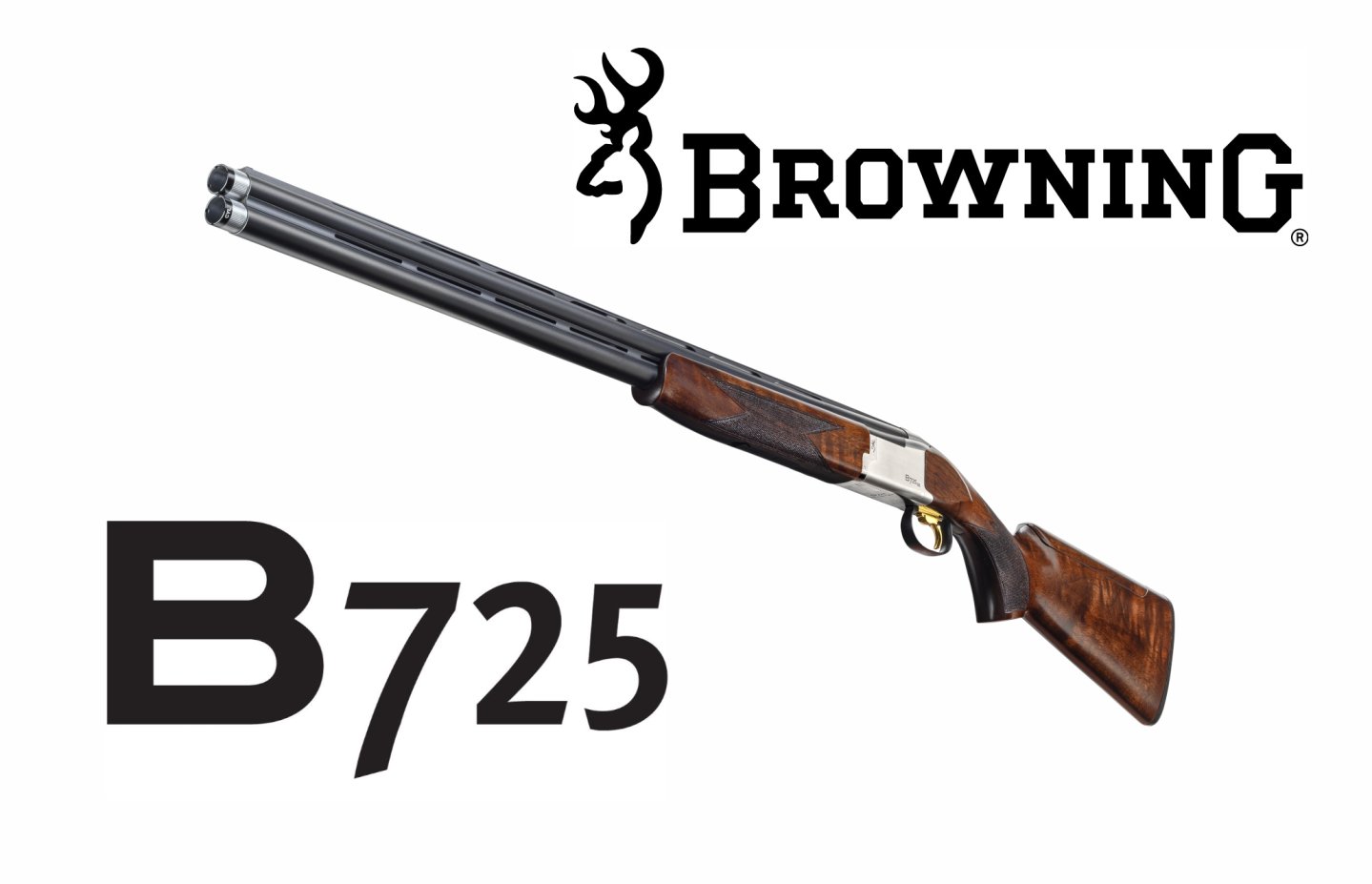 Bockdoppelflinte für Wurfscheibe: Browning B725 Sporter Die neue Browning B725 in 12/76 von schräg vorne. Mit Browning Logo.