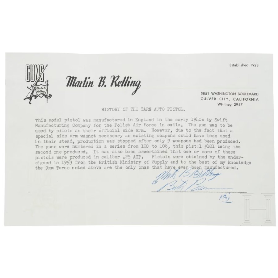 Hermann Historica: Extrem seltene TARN-Pistole im Kaliber 9 mm Luger bei der 109. Auktion Hermann Historica: Extrem seltene TARN-Pistole im Kaliber 9 mm Luger bei der 109. Auktion