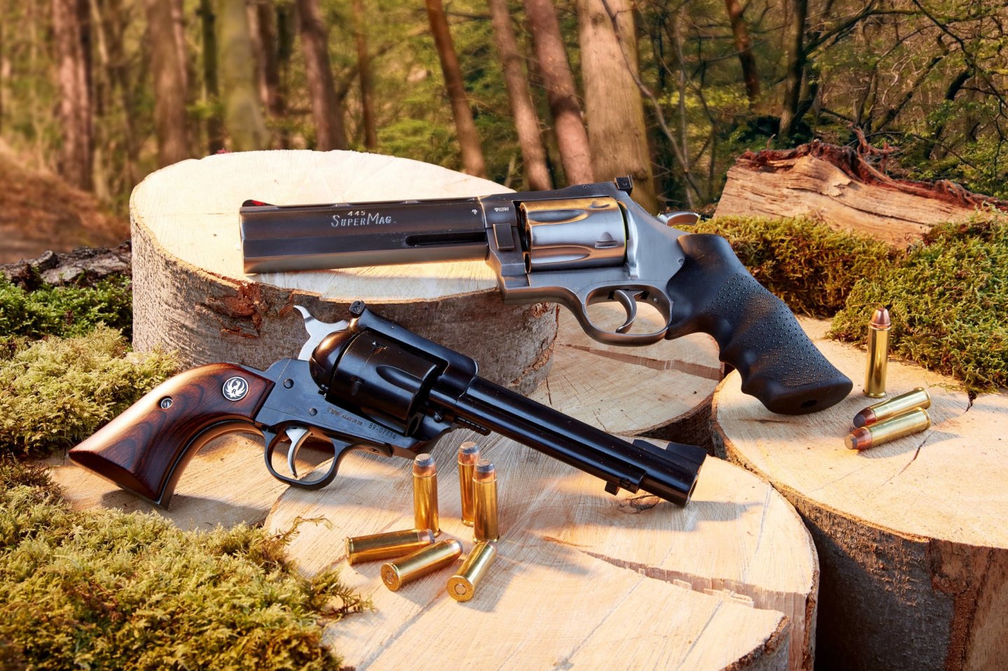 Revolver übereinander: Oben, Dan Wesson 445, unten der Ruger Super Blackhawk.