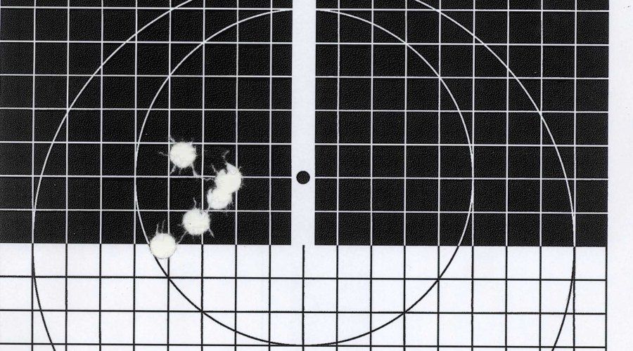 Glock 19 MHS, 5 Schuss aus 25 m Entfernung mit Schießmaschine