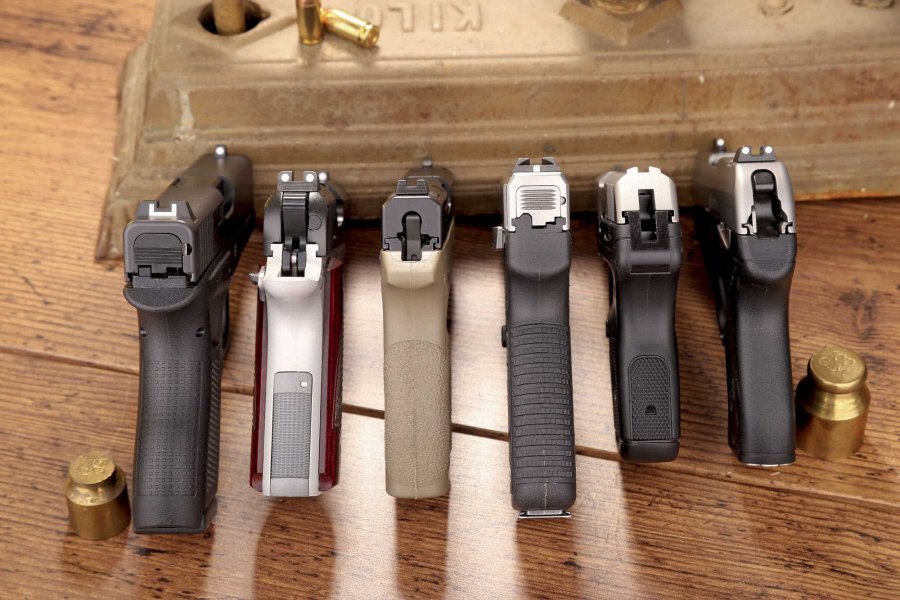 Test & Technik: .380er Pistolen Rückansichten getestete .380er Pistolen Glock 42, Kimber Micro 380, S & W Bodyguard 380, Kahr CT 380, Ruger LCP Gen II, Beretta Pico