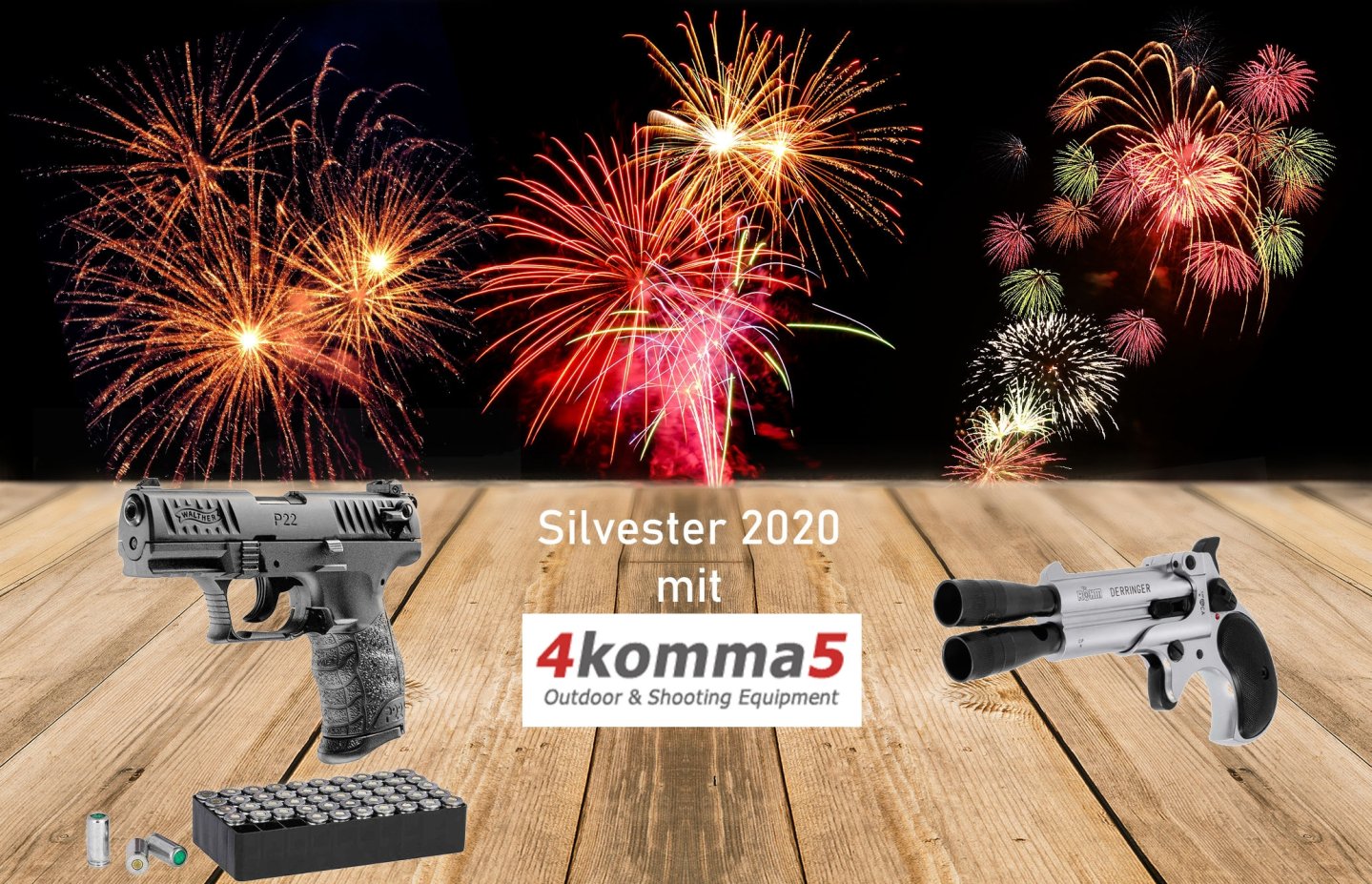 Schreckschusswaffen für Silvester – Diese Waffen eignen sich für den Jahreswechsel Schreckschusswaffen von Walther und Röhm. Im Hintergrund Feuerwerk und das Logo von 4komma5.
