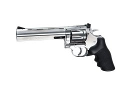 ASG Softair-Revolver Der ASG Dan Wesson 715 Softair-Revolver in Edelstahl Optik nach links gerichtet.