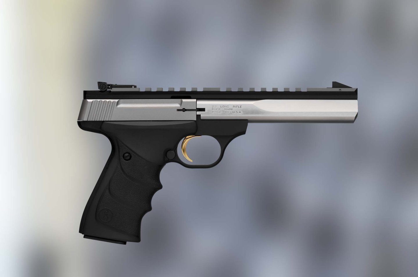 Browning Buck Mark Contour Stainless URX in .22 l.r., die überarbeitete Version des Kleinkaliber-Klassikers Browning Buck Mark Contour Stainless von rechts komplett.