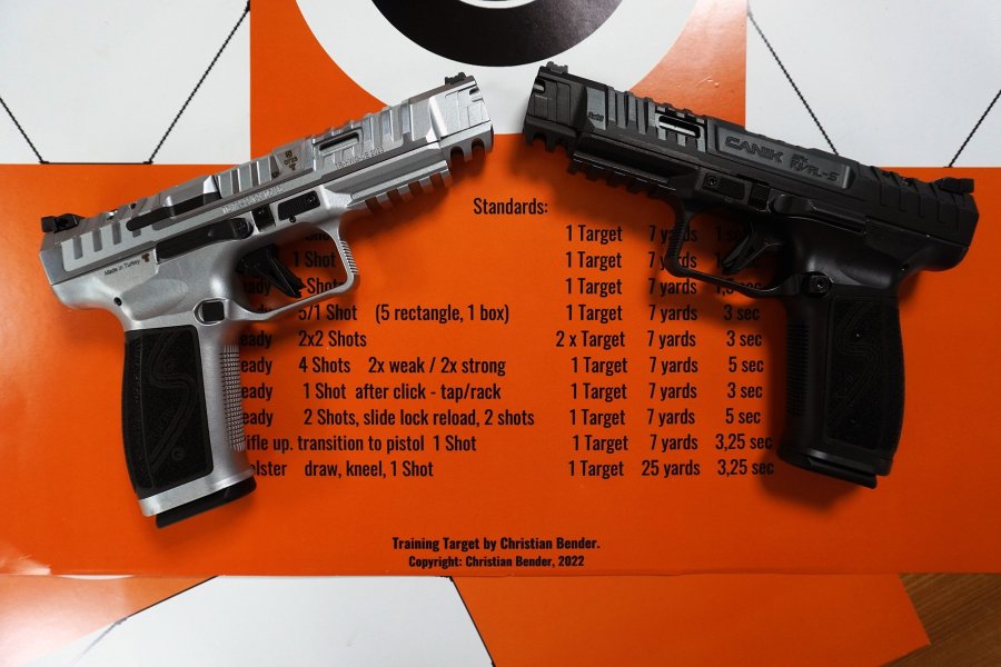 Test: Die preisgünstige Ganzstahlpistole Canik SFx Rival-S hat für den IPSC-Schützen einiges zu bieten... Die beiden Canik-Rival-S-Modlel in Chrome und in Silber.