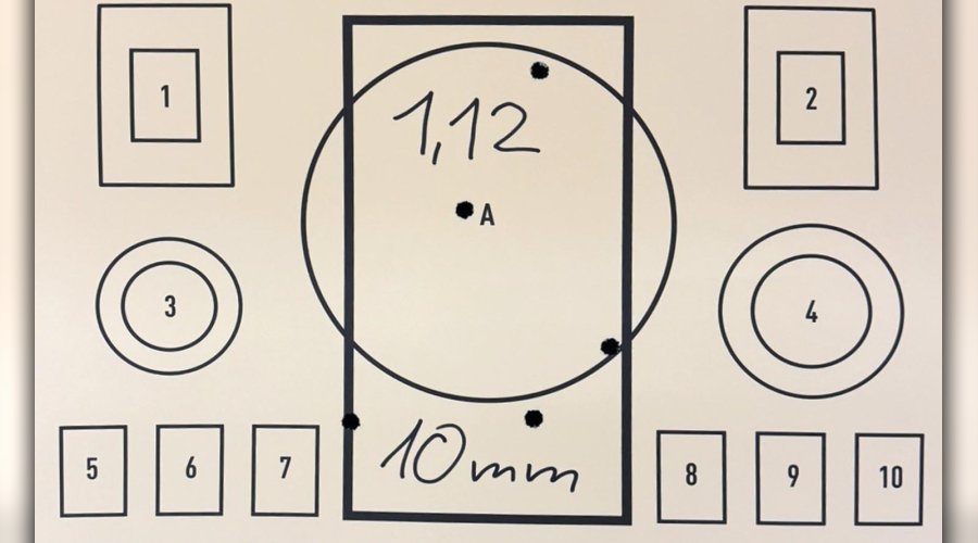 Zielscheibe mit den Ergebnissen der Tests.