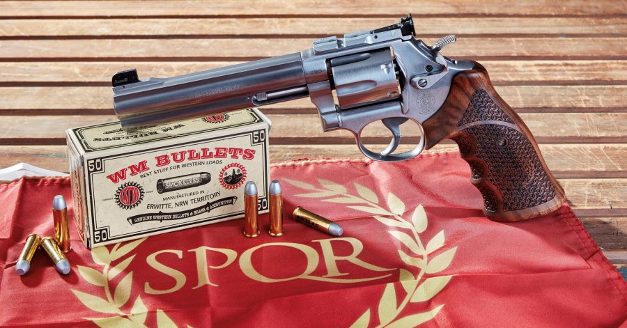 Waimex-Sportmodell Pilum auf Basis des Smith & Wesson Modells 686: Revolver in römischem Design Waimex S&W 686 Pilum komplett von links.