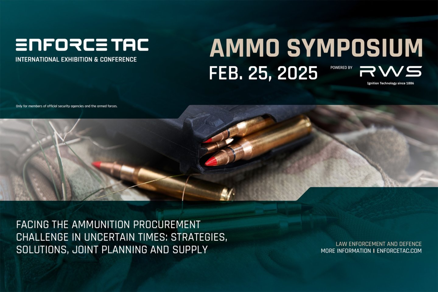 AMMO SYMPOSIUM: Enforce Tac 2025 und RWS GmbH beschließen Kooperation Banner zum AMMO SYMPOSIUM am 25. Februar 2025.