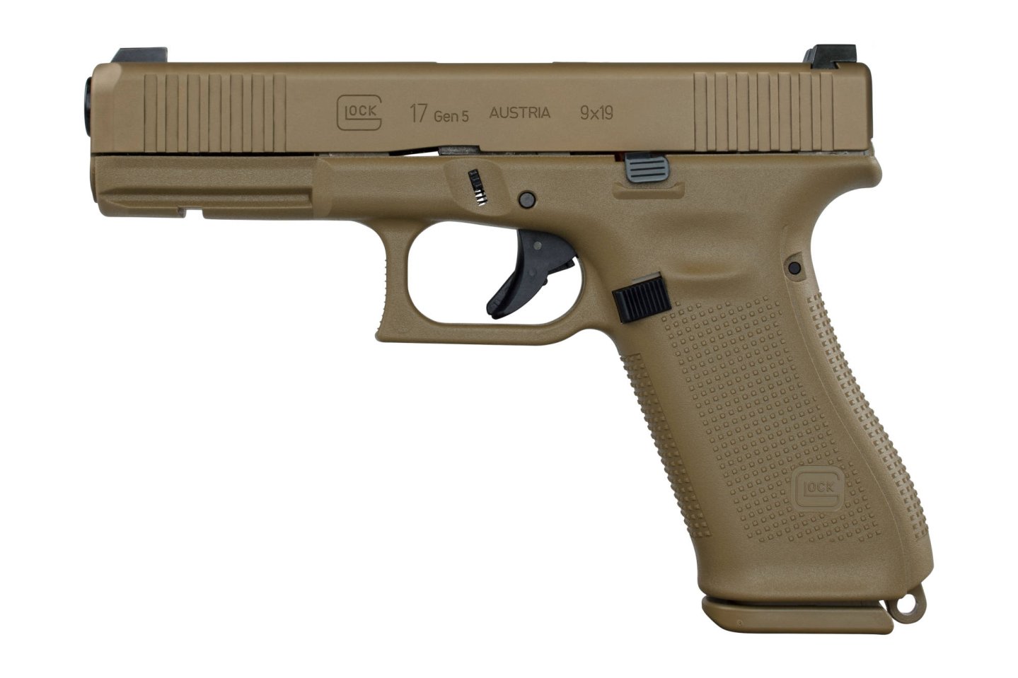 GLOCK G17 Gen5 linke Seitenansicht, in Desert Tan.
