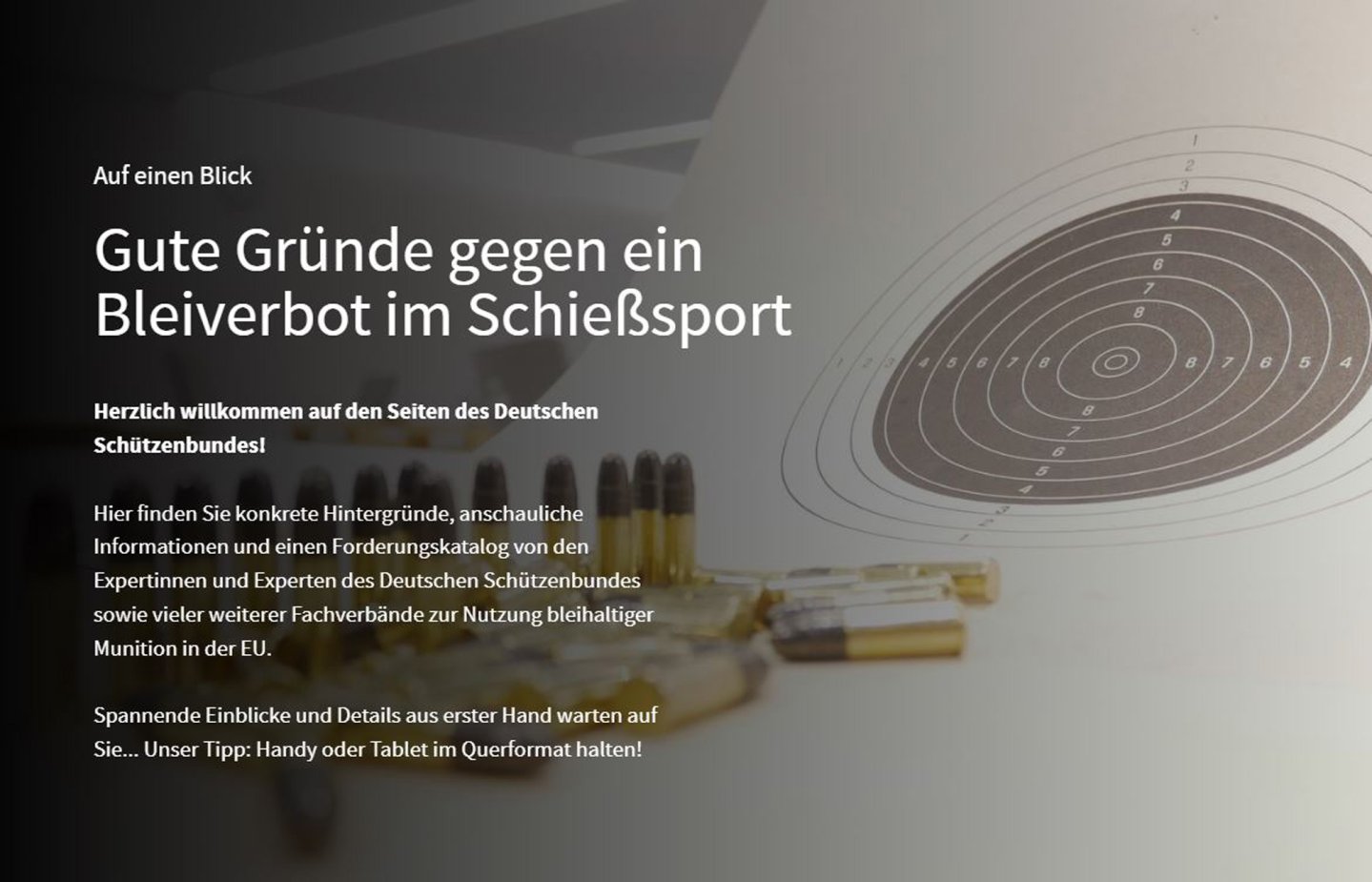 DSB eröffnet faktenbasiertes Multimedia-Portal gegen das von der EU geplante Bleiverbot in Munition Die Landingpage des neuen DSB-Portals mit Gründen gegen das Bleiverbot.